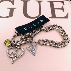 Guess Silver Bracelet Heart and Triangle Charms With Hoop Earrings